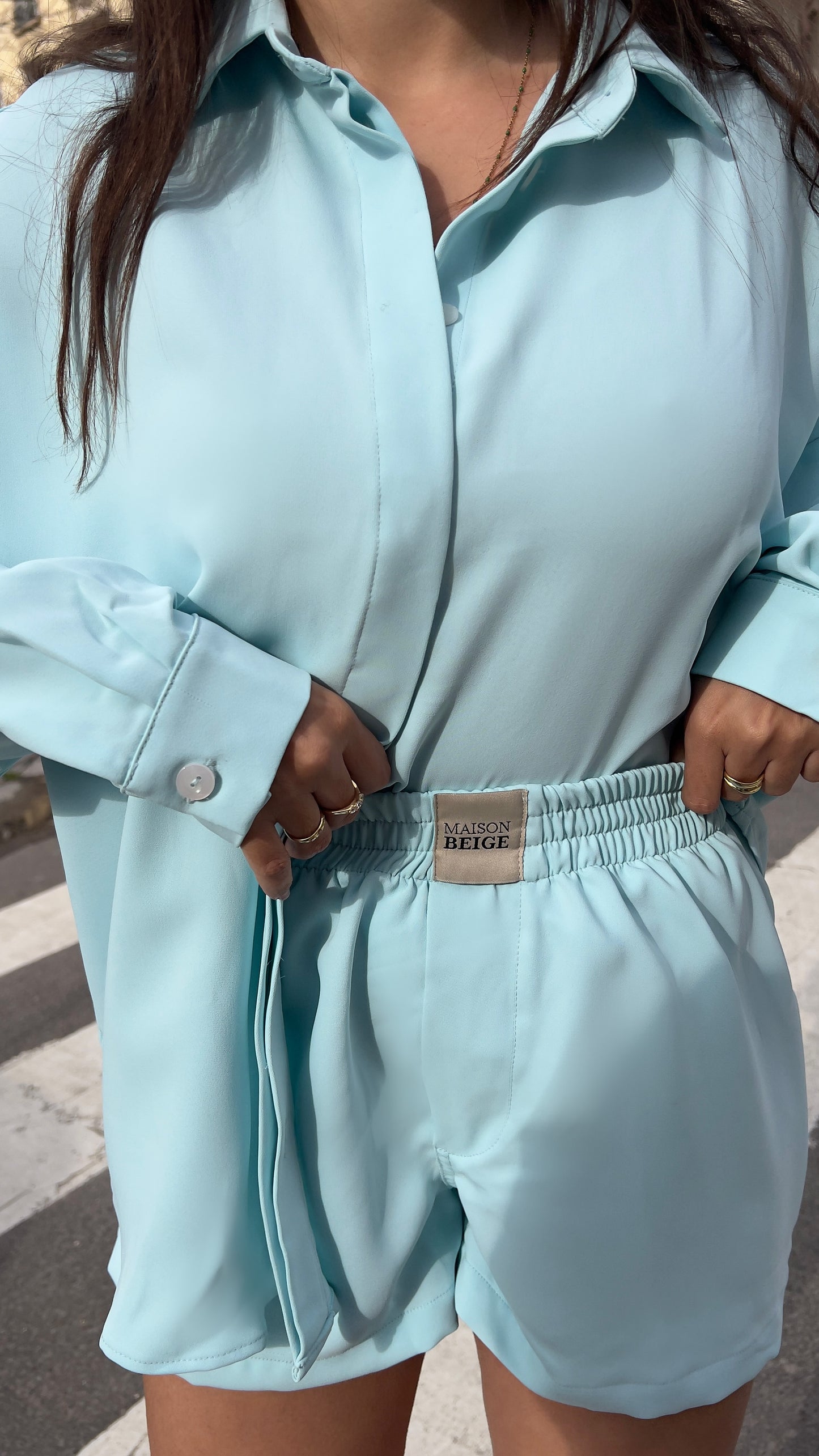 SET CHEMISE & SHORT EN SOIE - "SKY BLUE"