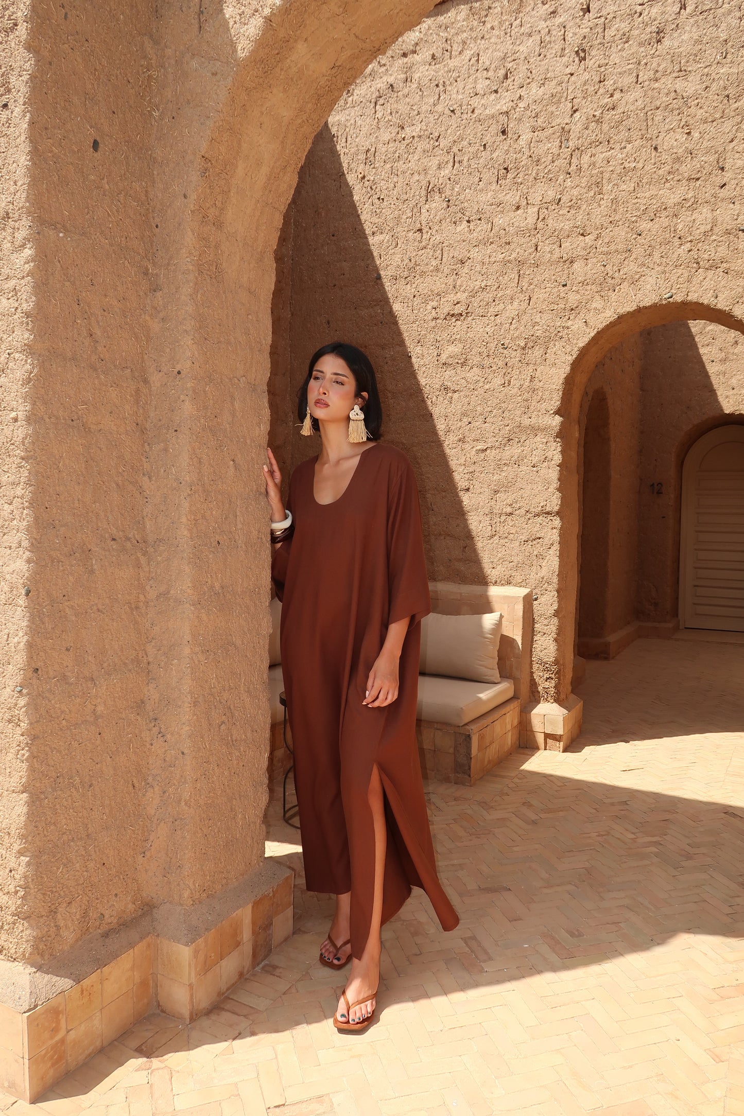 Robe en lin manches 3/4 - Ulysse Marron