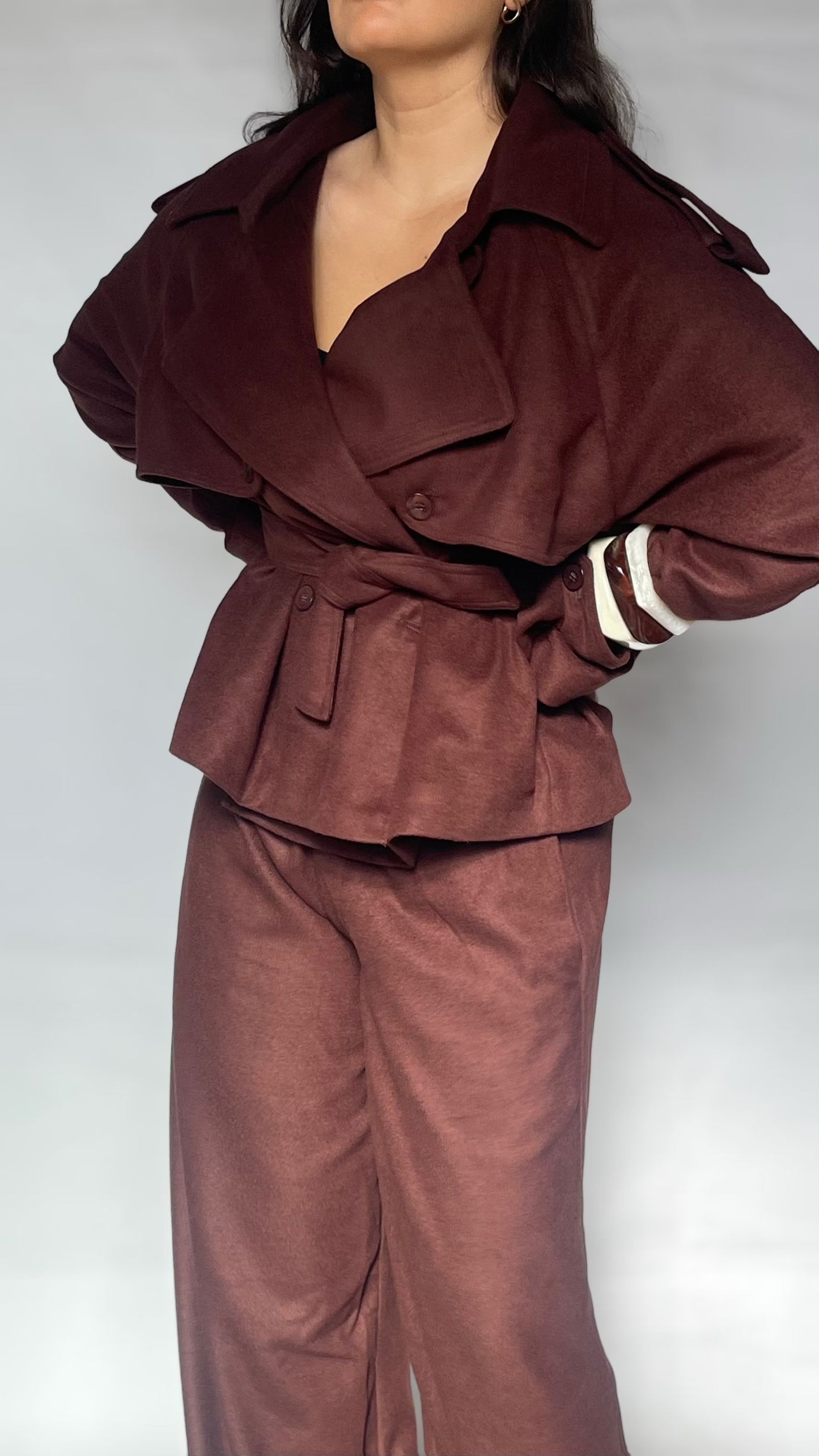 ENSEMBLE EN LAINE MINI TRENCH ET PANTALON - MARRON CHOCOLAT