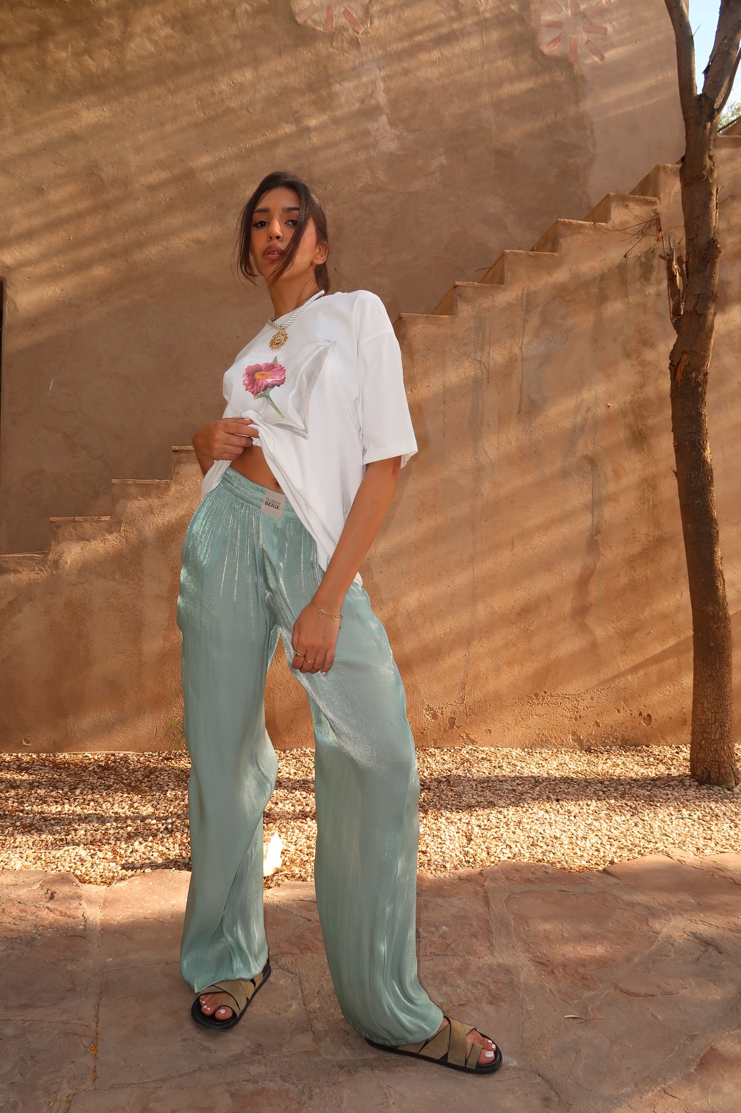 PANTALON 100% SOIE VERT EAU