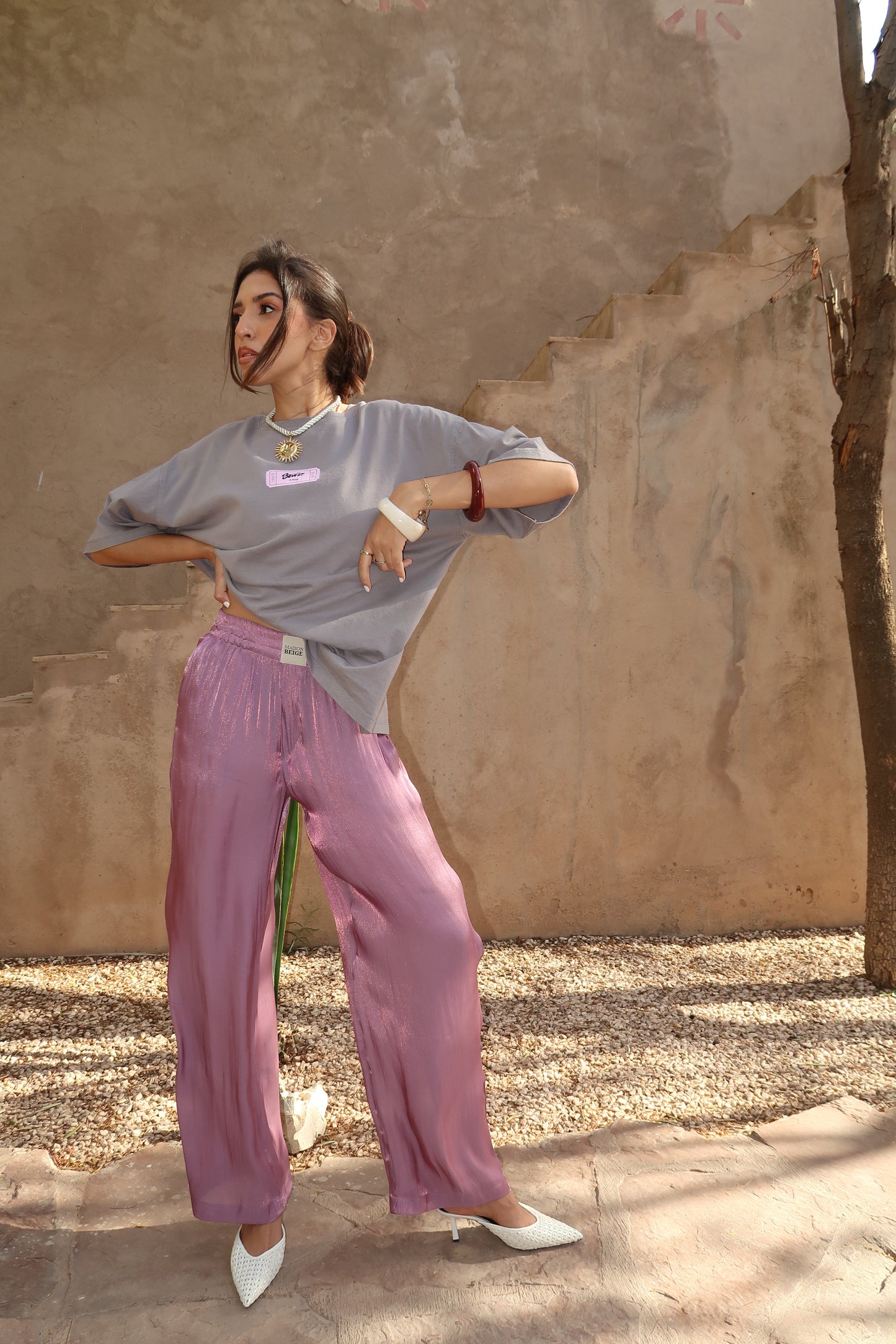 PANTALON 100% SOIE ROSE