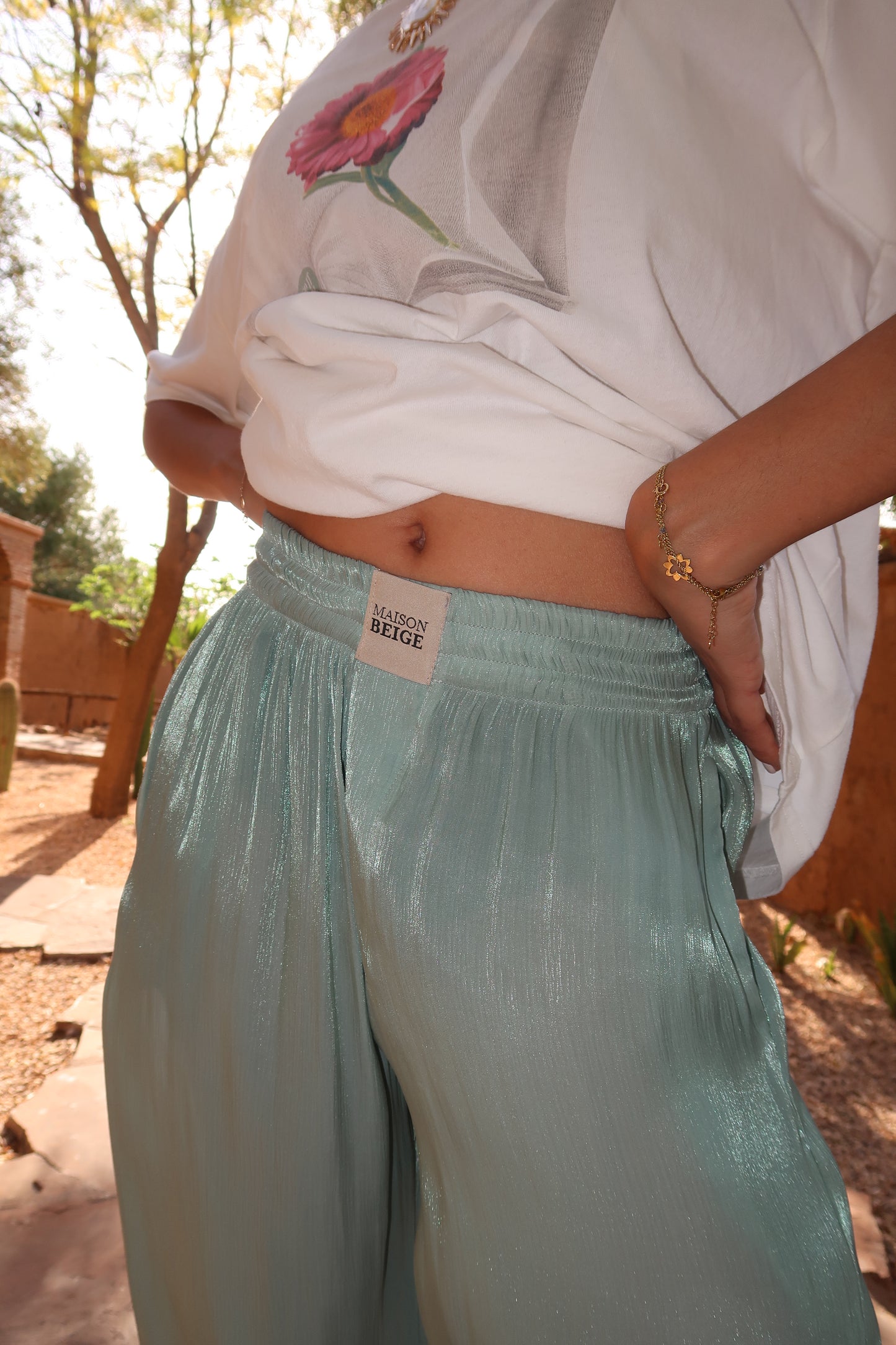 PANTALON 100% SOIE VERT EAU