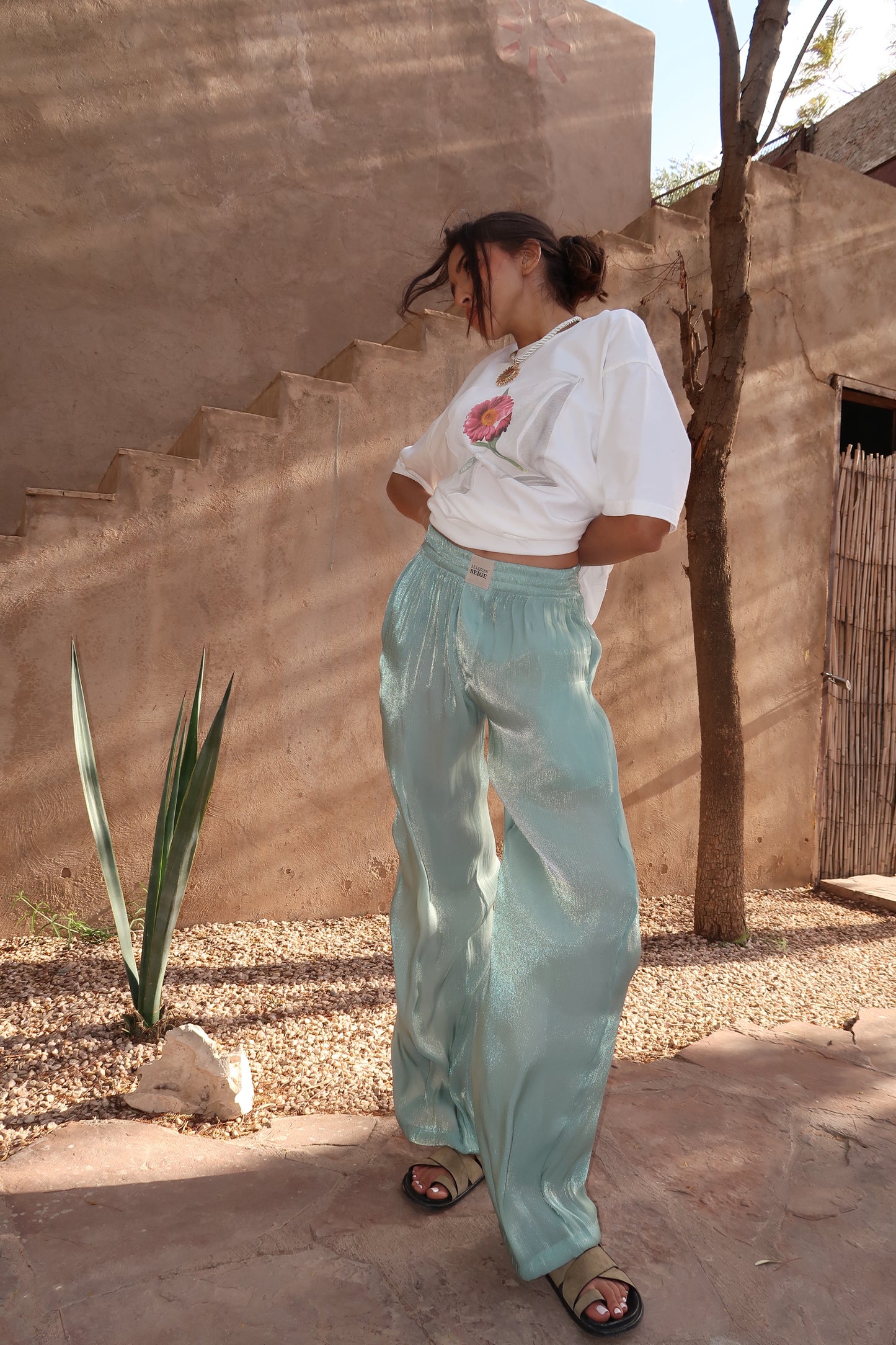 PANTALON 100% SOIE VERT EAU