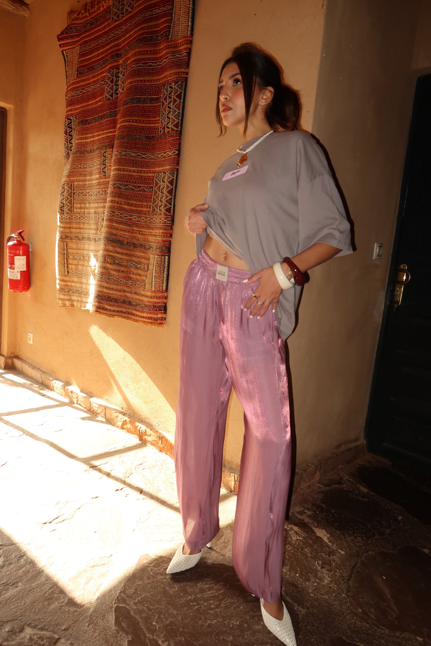 PANTALON 100% SOIE ROSE