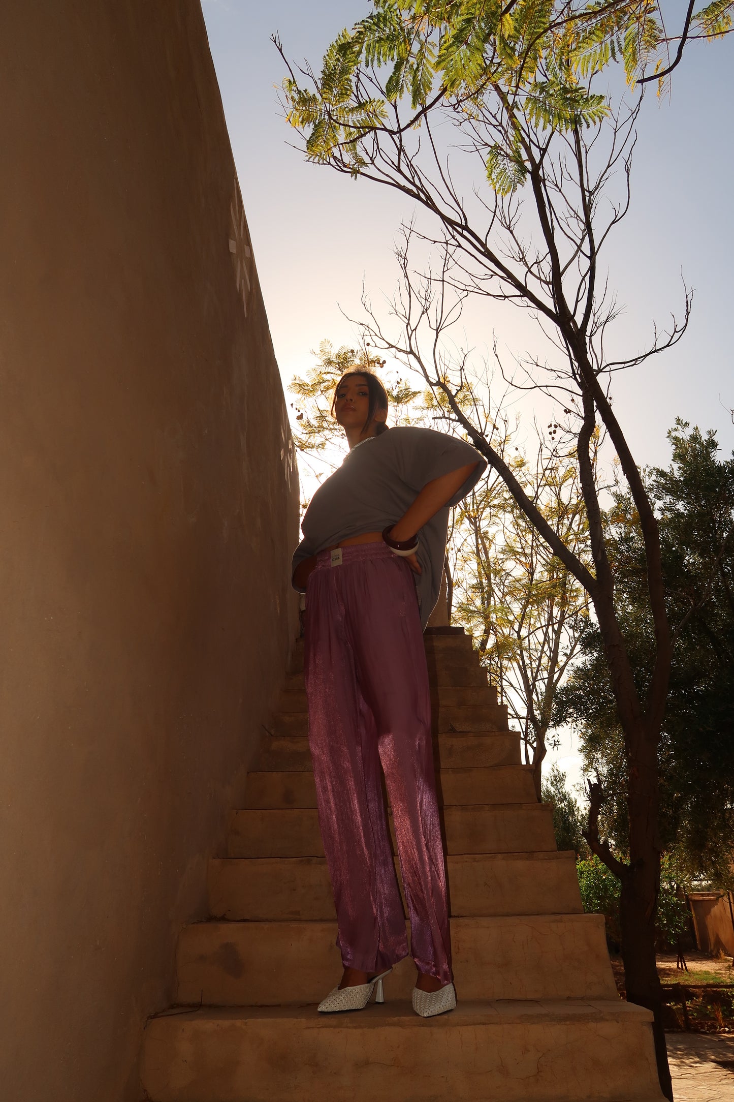 PANTALON 100% SOIE ROSE