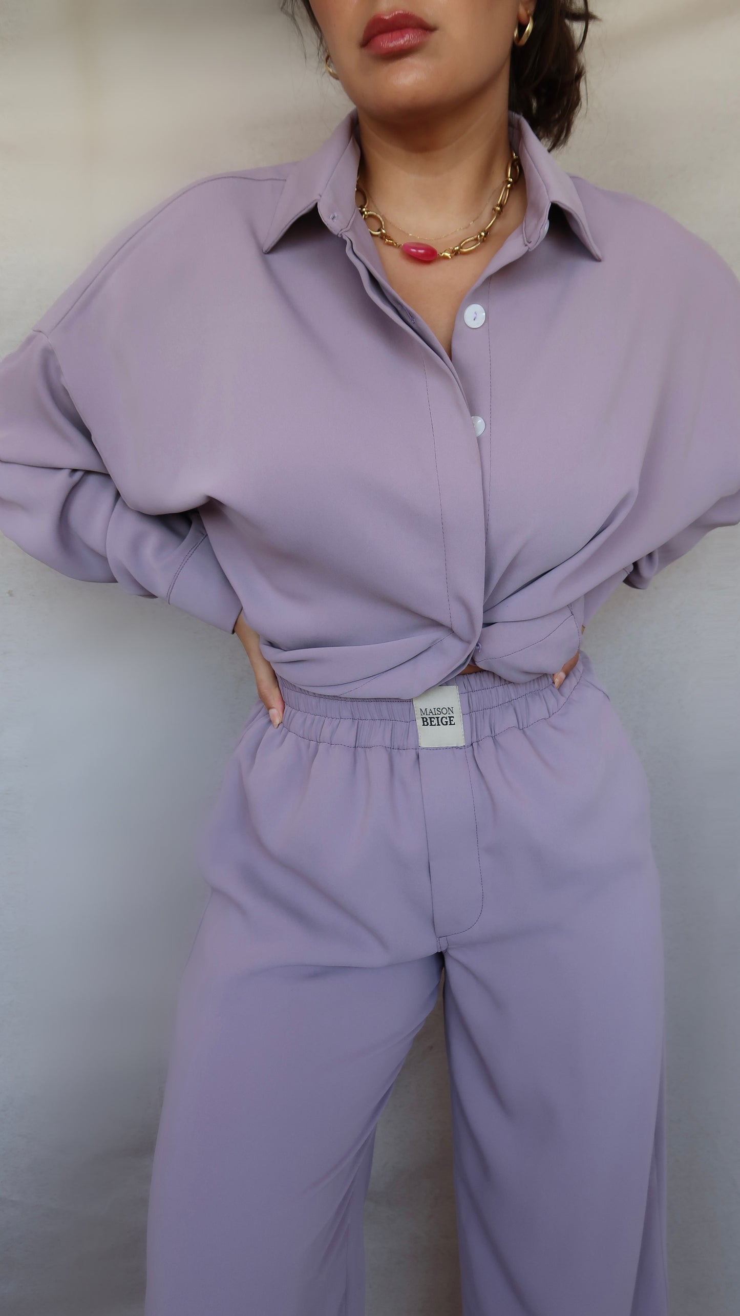 Set Chemise et pantalon en crêpe de soie lilas
