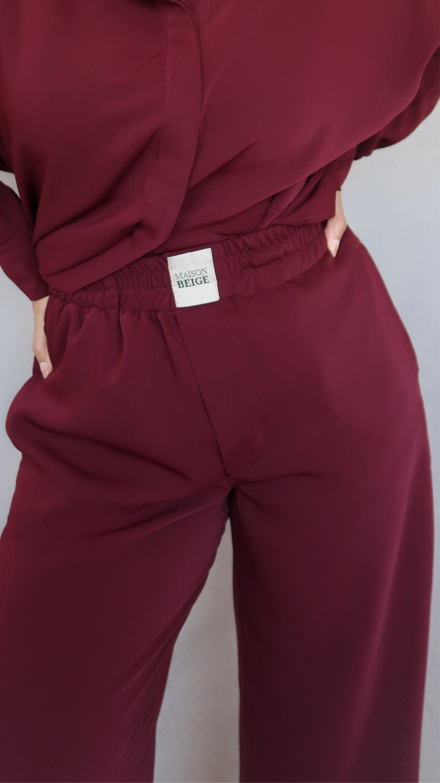 PANTALON EXTENSIBLE EN SOIE- CERISE