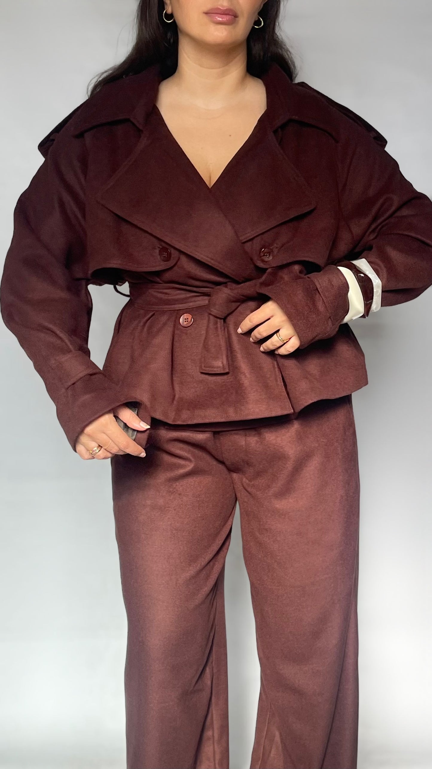 ENSEMBLE EN LAINE MINI TRENCH ET PANTALON - MARRON CHOCOLAT