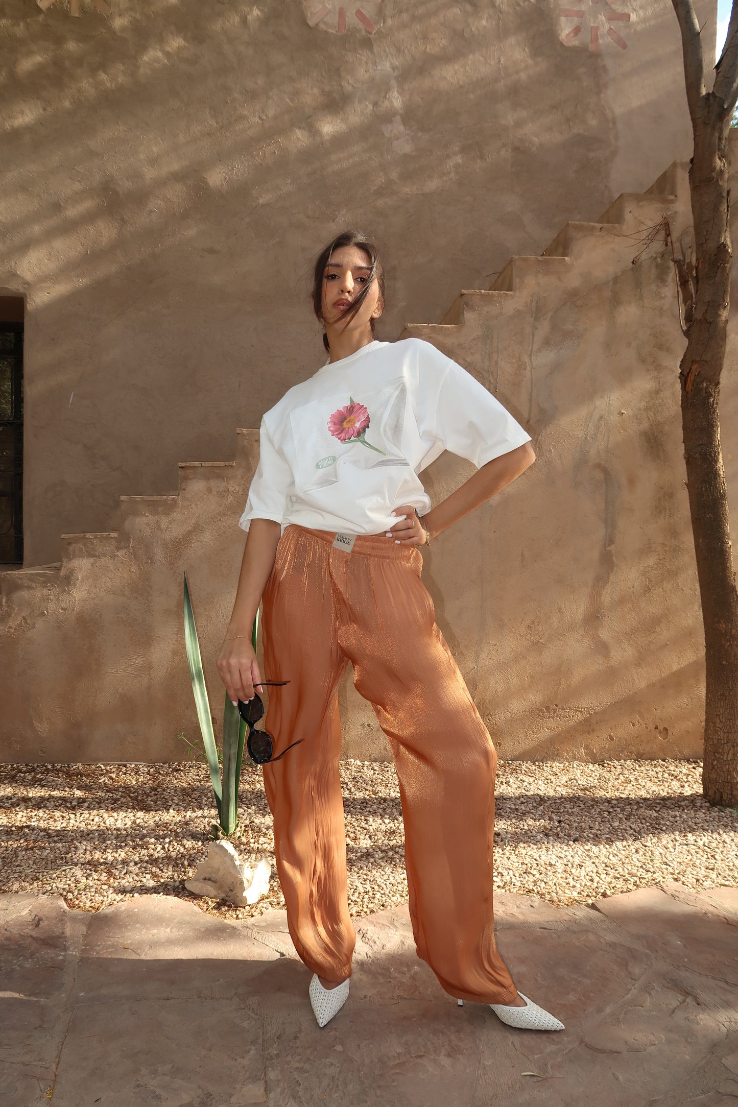 PANTALON 100% SOIE OCRE