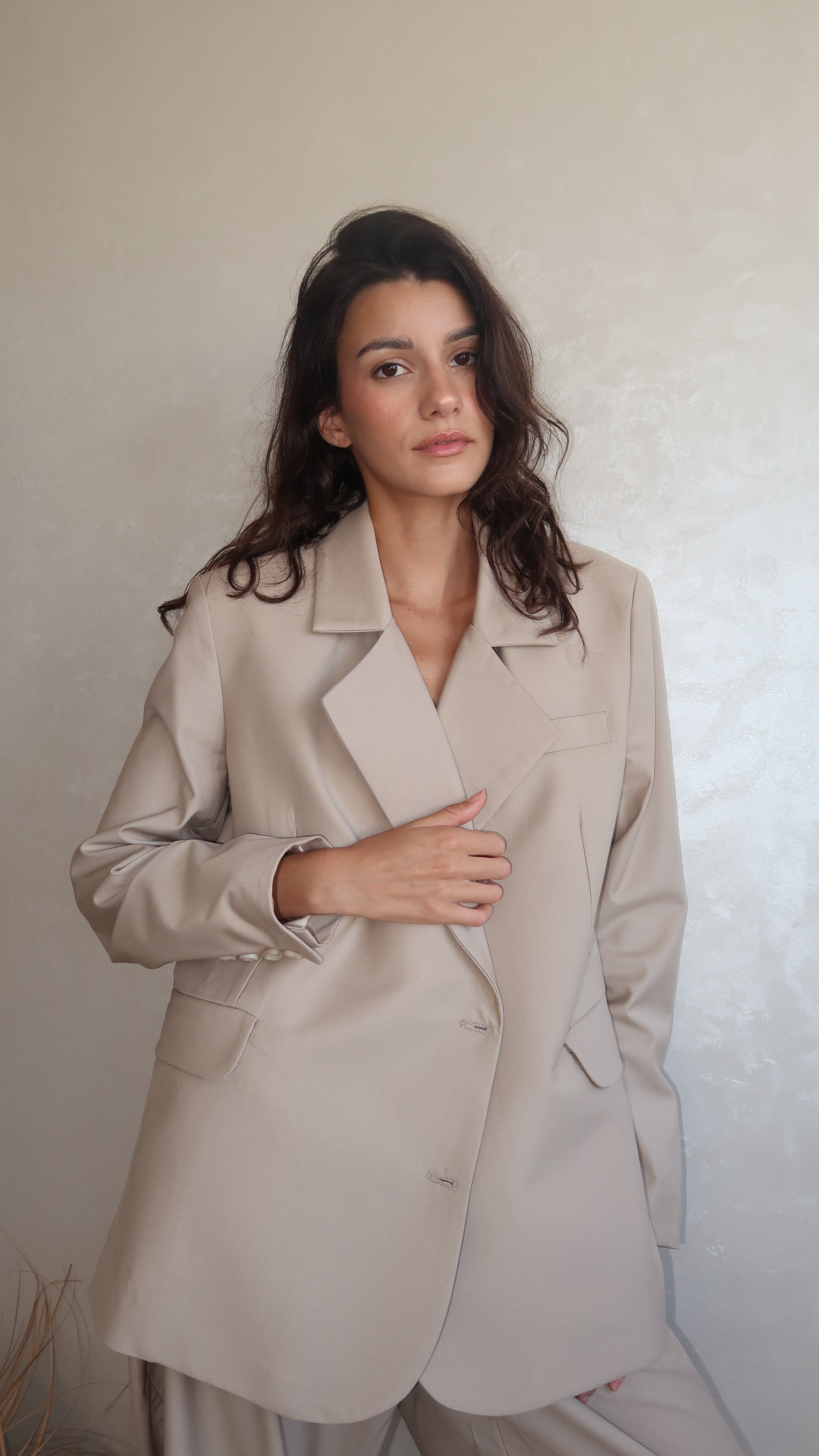 blazer beige oversize en laine mélangée