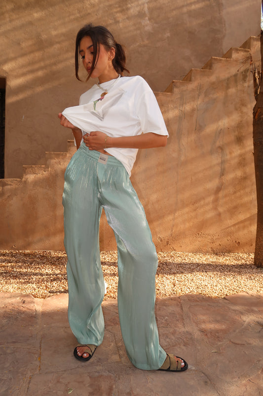 PANTALON 100% SOIE VERT EAU