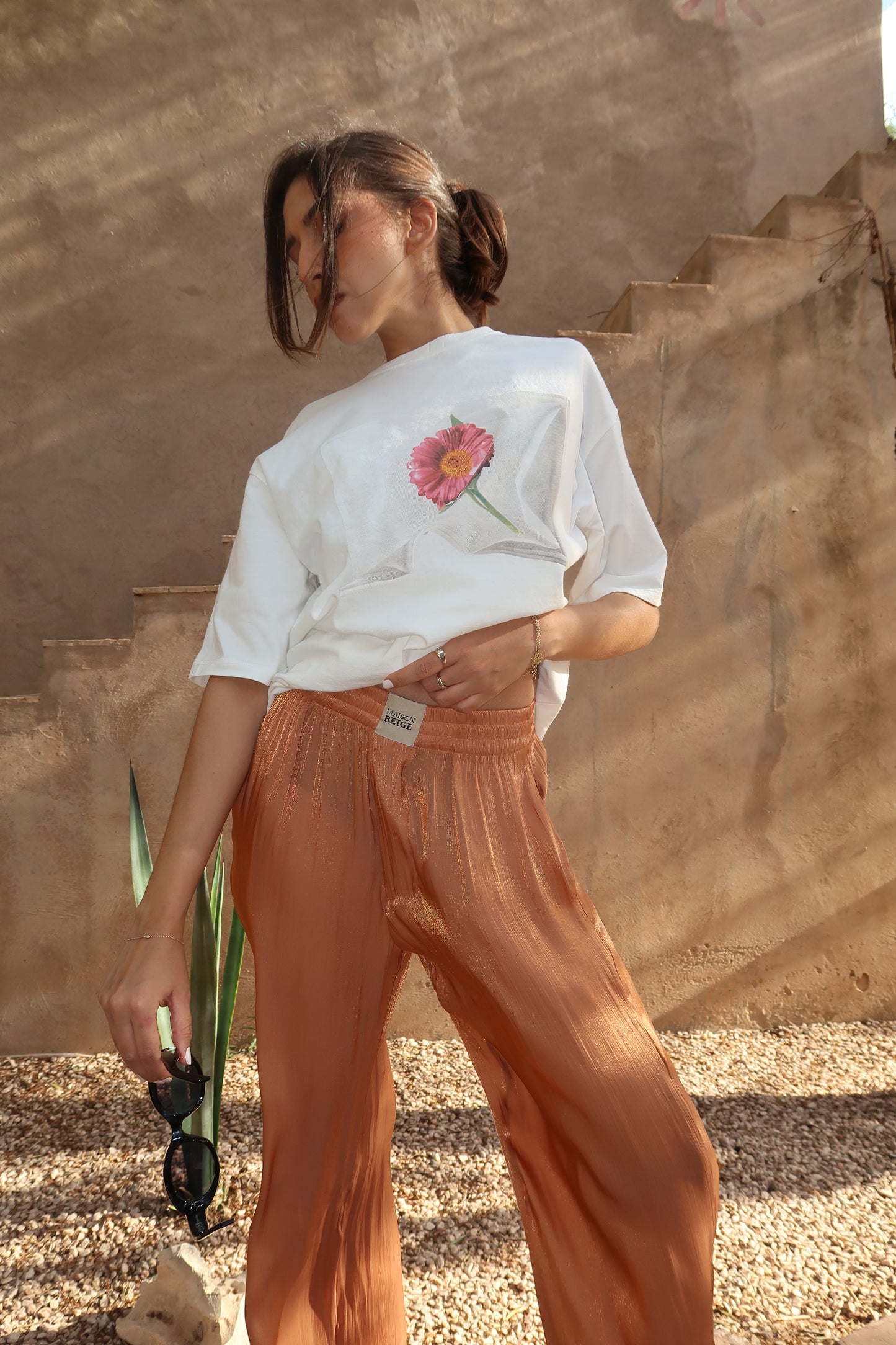 PANTALON 100% SOIE OCRE