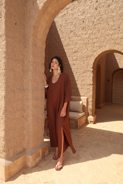 Robe en lin manches 3/4 - Ulysse Marron