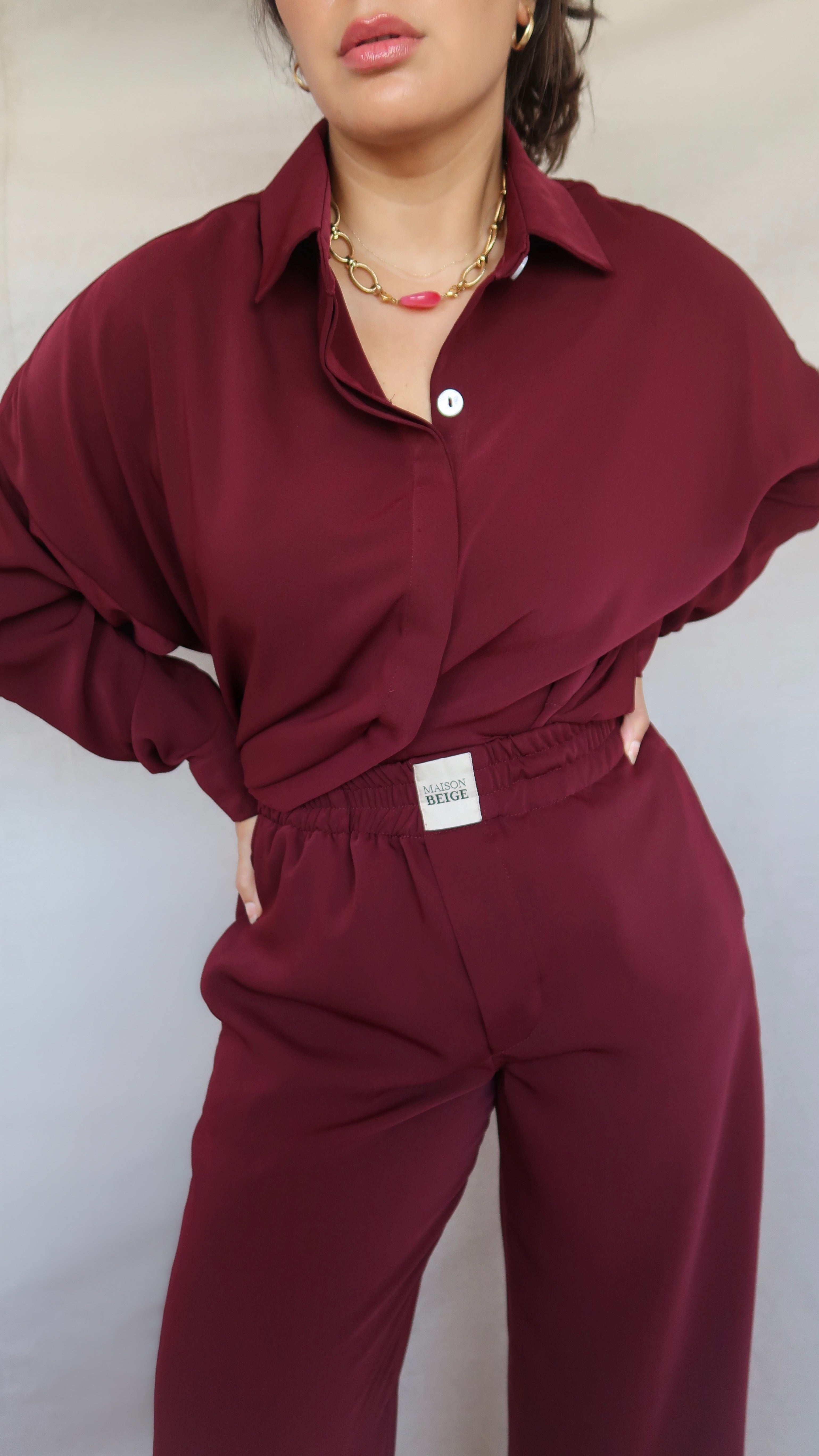 set chemise et pantalon en crêpe de soie cerise