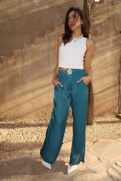 PANTALON 100% SOIE COBALT