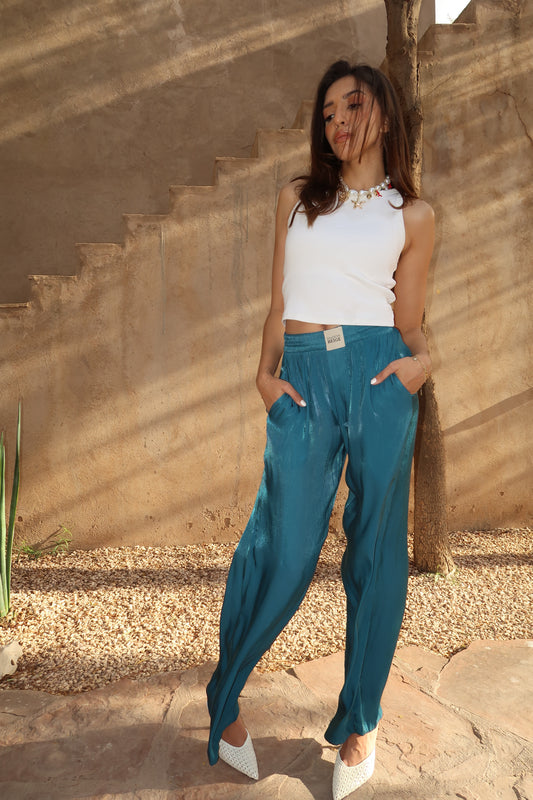PANTALON 100% SOIE COBALT