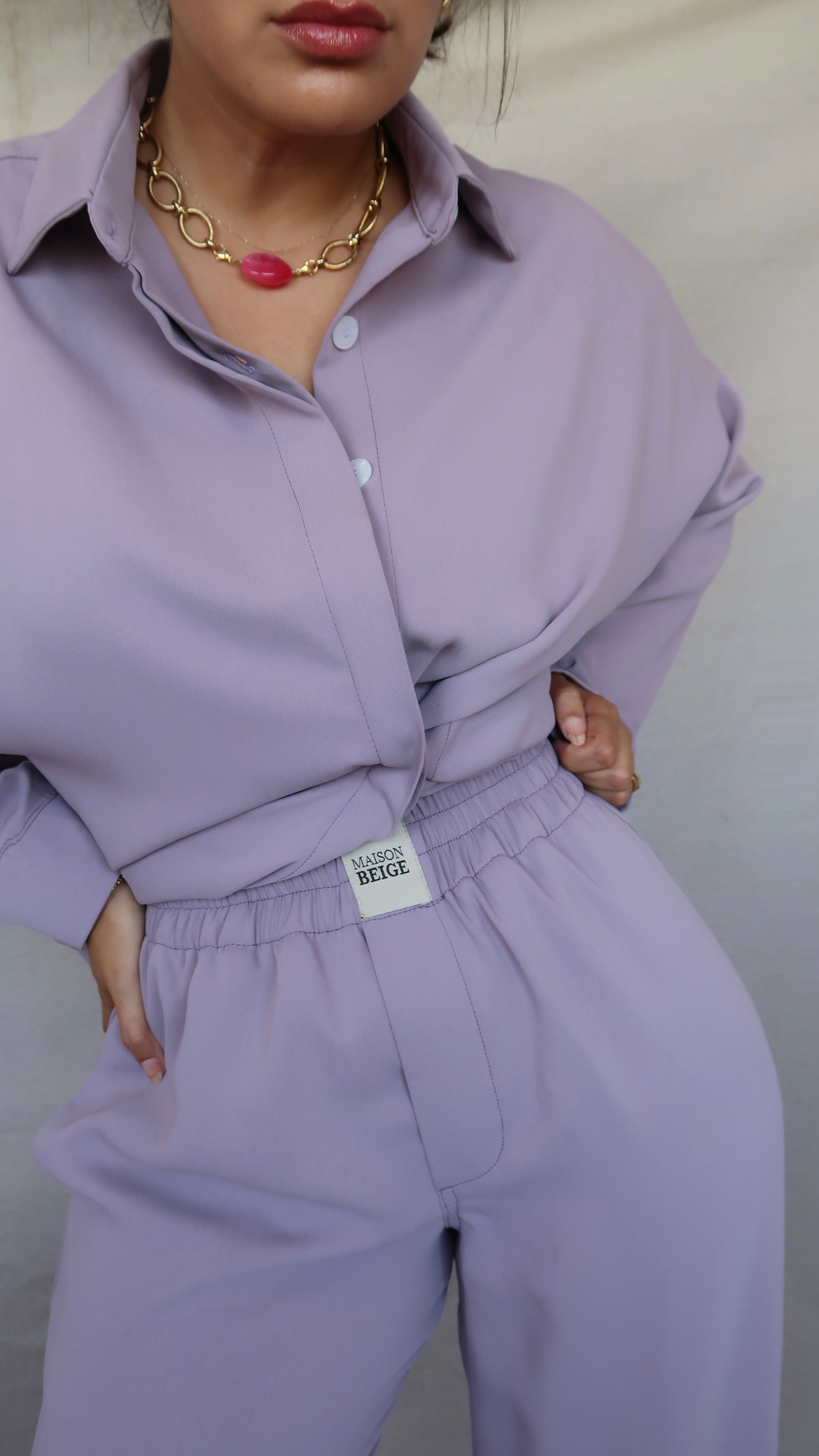 set chemise et pantalon en crêpe de soie lilas
