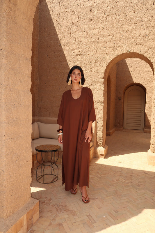 Robe en lin manches 3/4 - Ulysse Marron