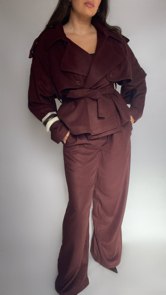 ENSEMBLE EN LAINE MINI TRENCH ET PANTALON - MARRON CHOCOLAT