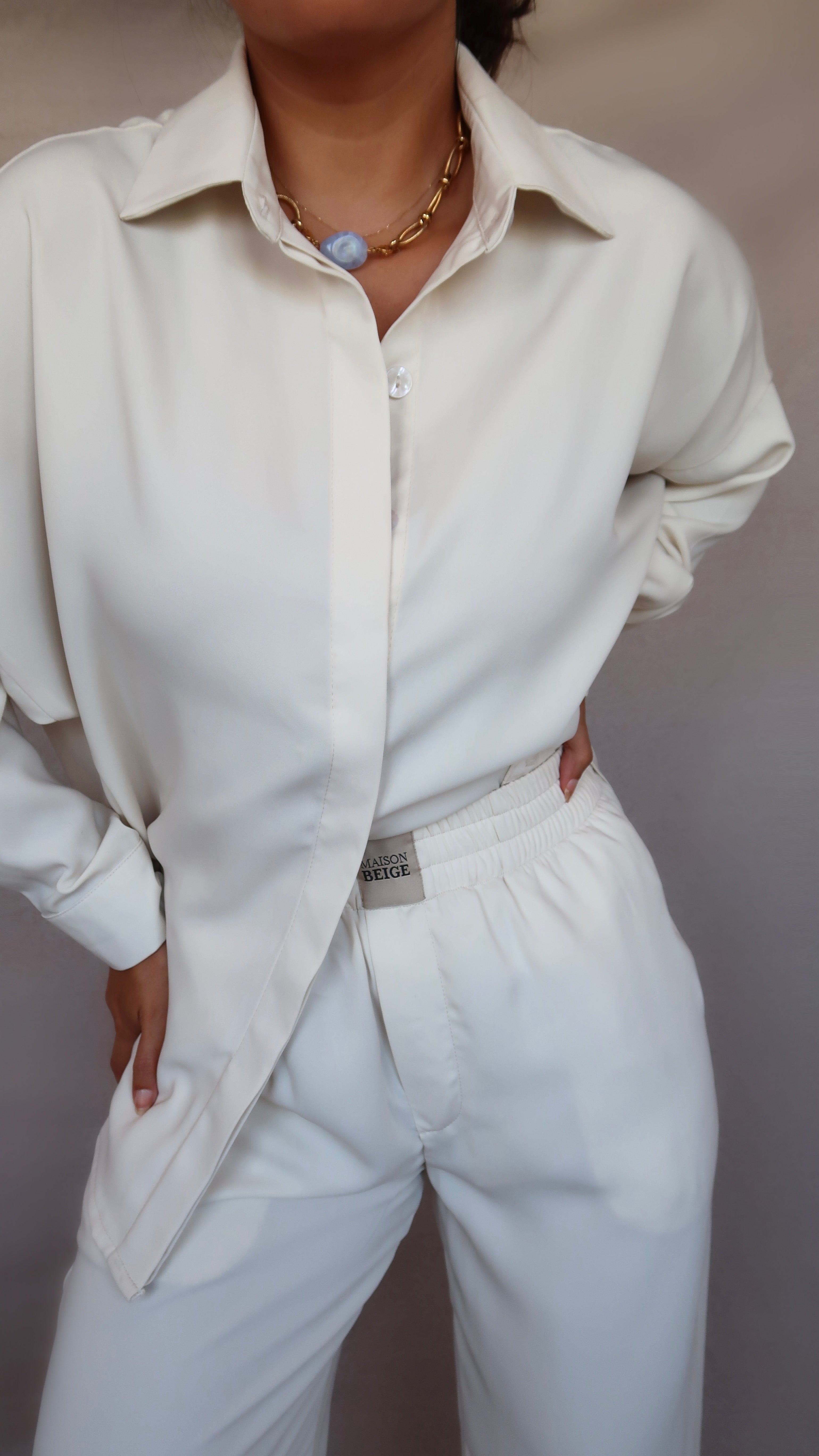 set chemise et pantalon en crêpe de soie blanc écru
