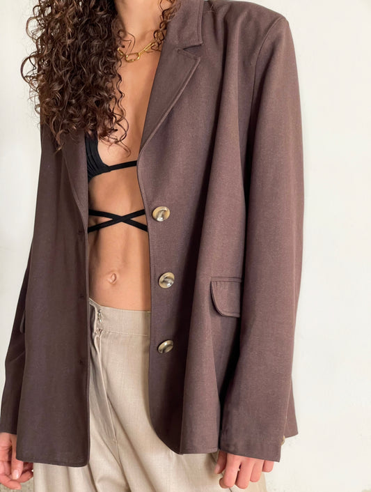 Blazer marron oversize en laine "Jackie", vue de profil : mode premium.